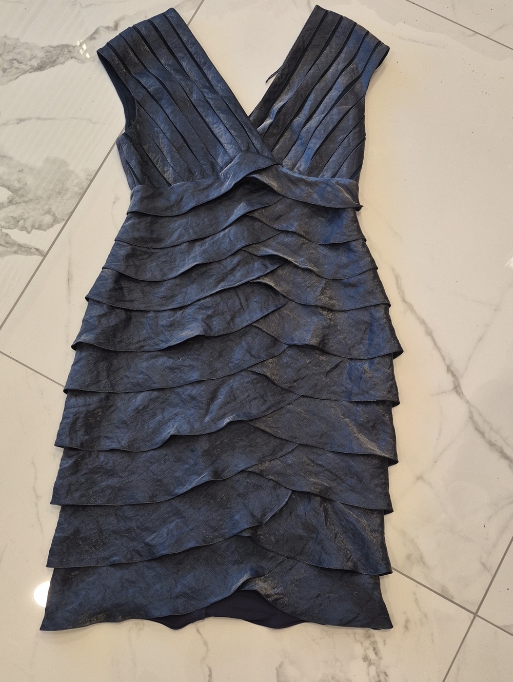 Adrianna Papell Slate Blue Layered V-Neck Cocktail Dress